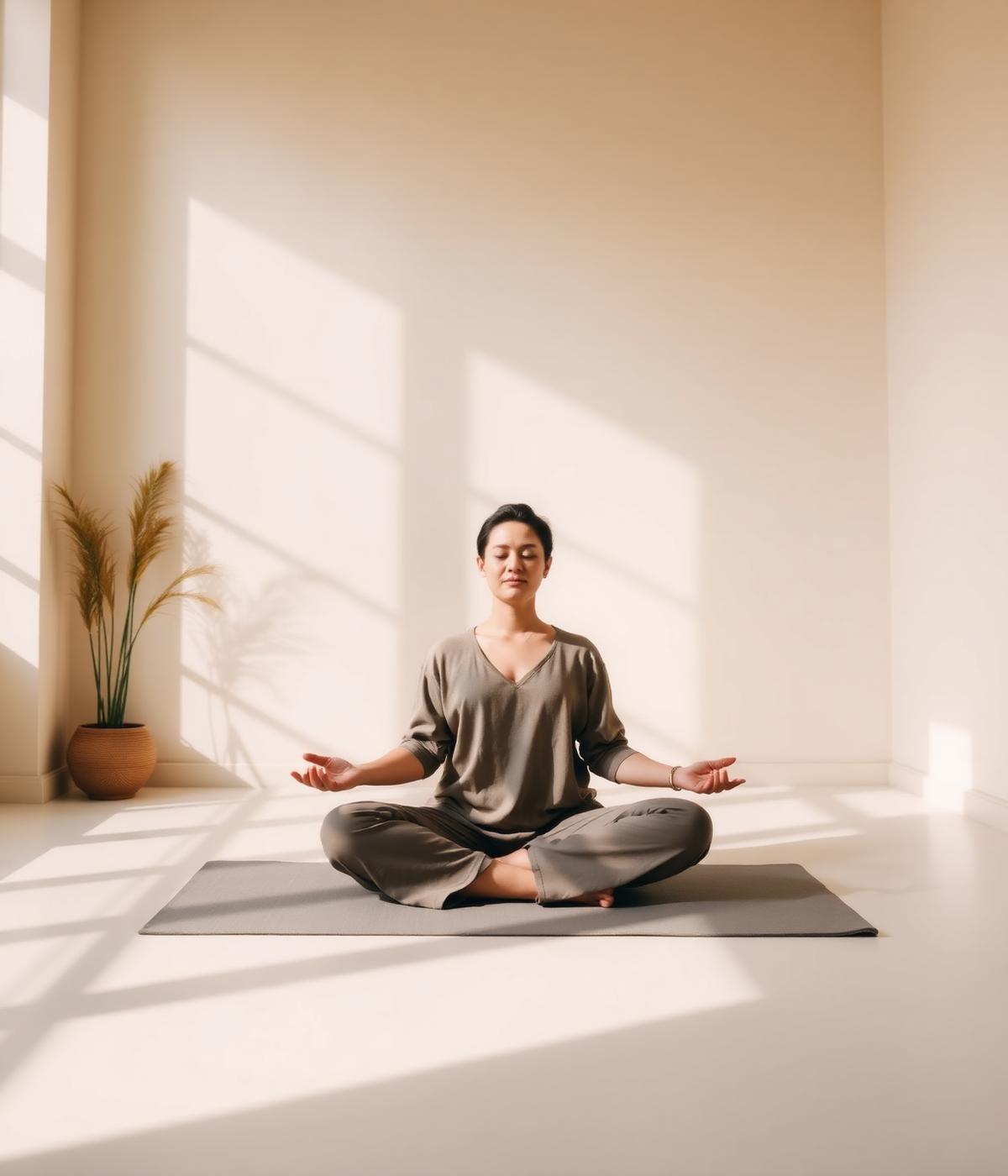 A person meditating peacefully in a sunlit room