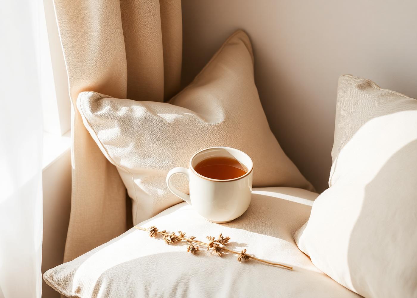 A calm studio corner with linen cushions and herbal tea